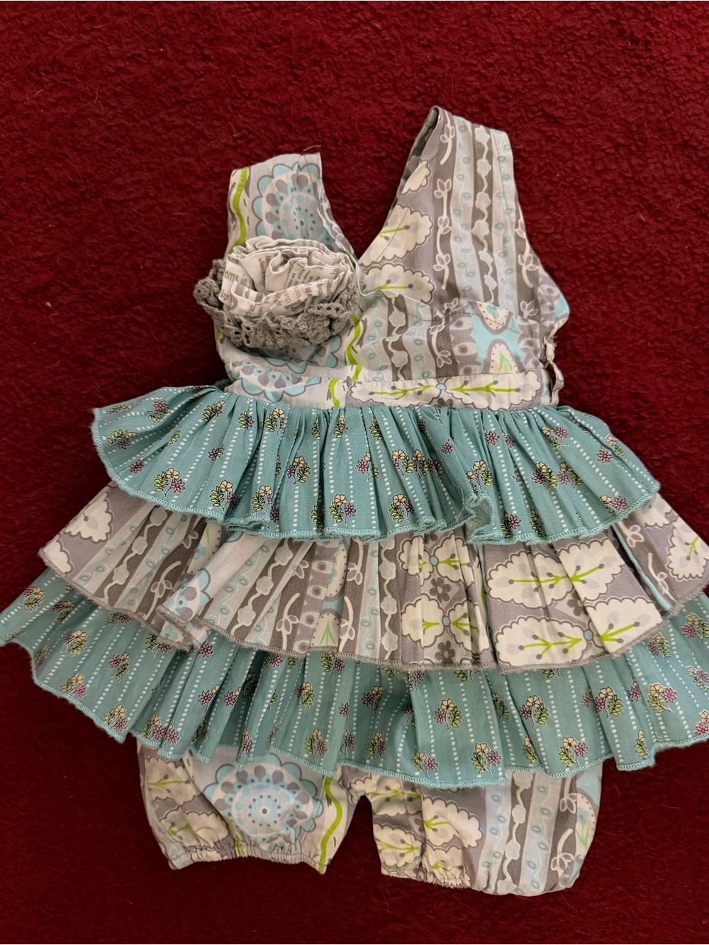 Tiered Ruffle Baby Dress Romper in Aqua and Gray